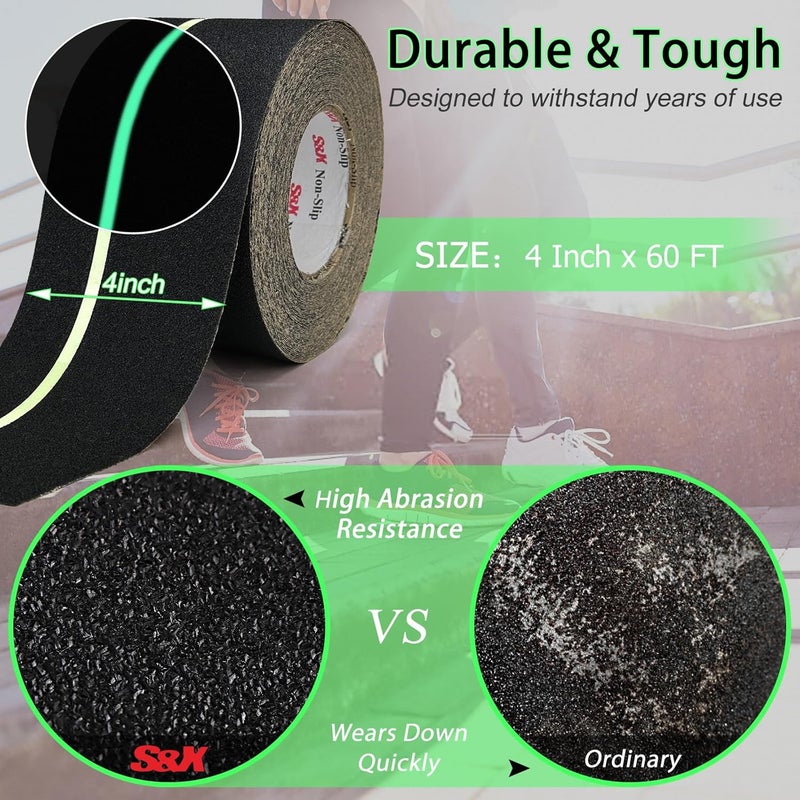 SX Anti Slip Tape 4 Inch x 60 Ft, 2X Longer Heavy Duty Grip Tape with Glow-in-Dark Strip, Outdoor Stair Treads Non-Slip for Steps Ramps Decks, Non Skid for Enhanced Safety - Image 3